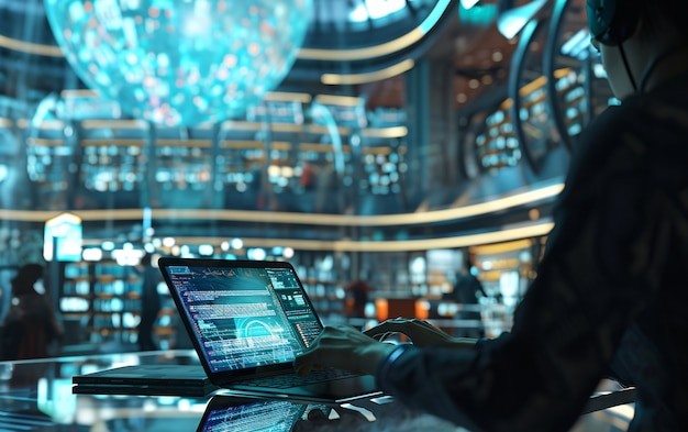 A cybersecurity expert working on a laptop, analyzing code and network security threats.