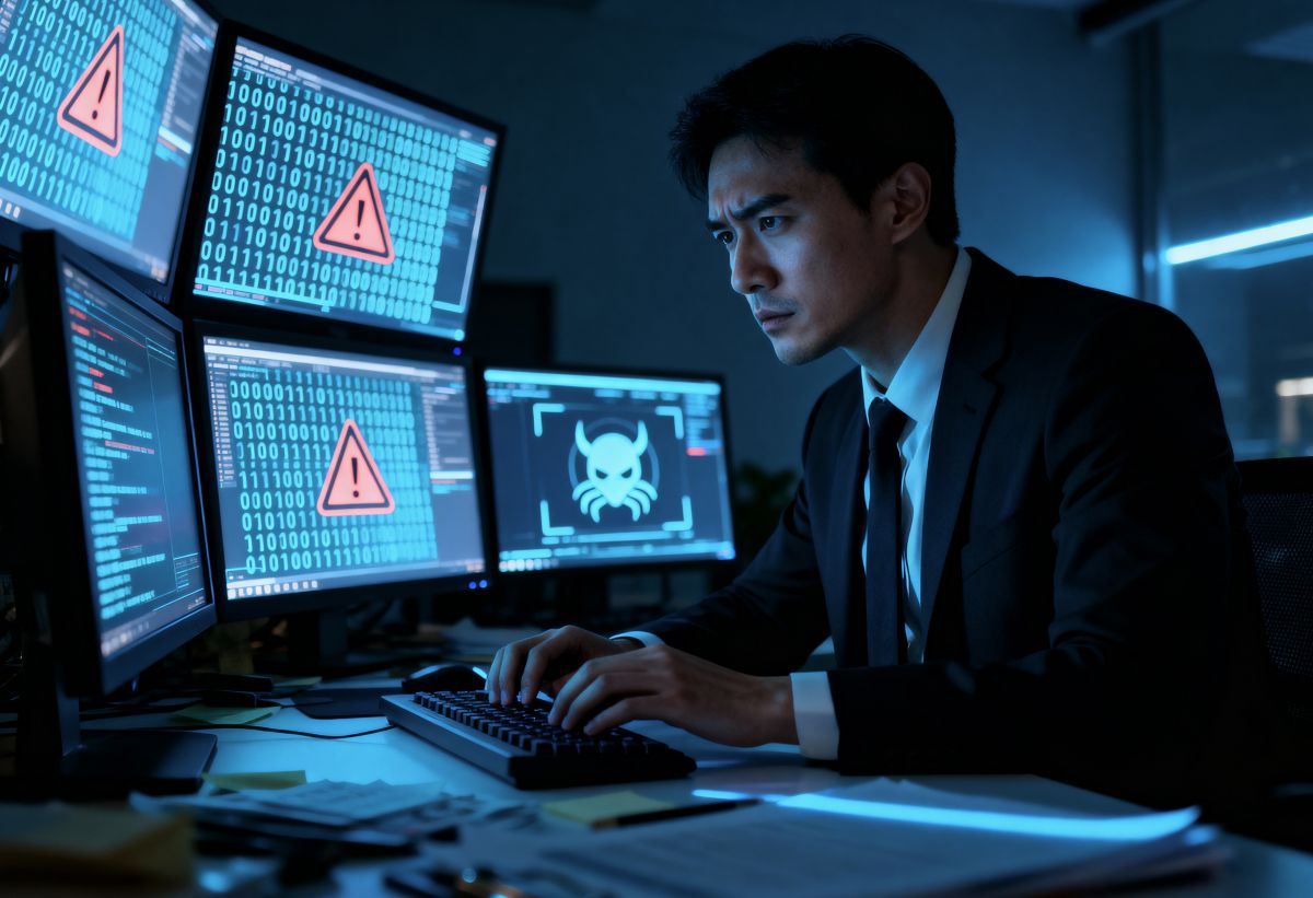 Cybersecurity professional intensely focused on detecting digital threats and network intrusions