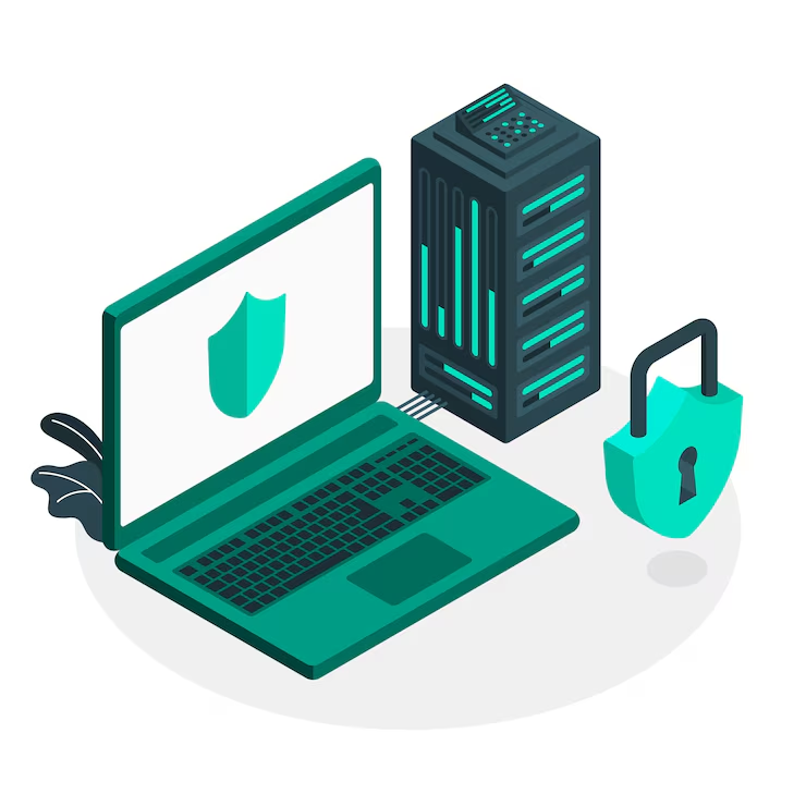 Illustration of a secured server with a lock symbolizing protection against malware threats
