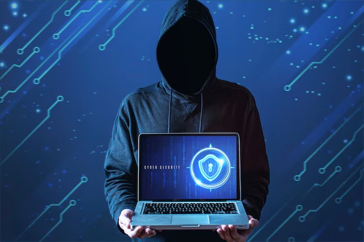 A man holding a laptop displaying a secure lock icon representing protected enterprise bandwidth